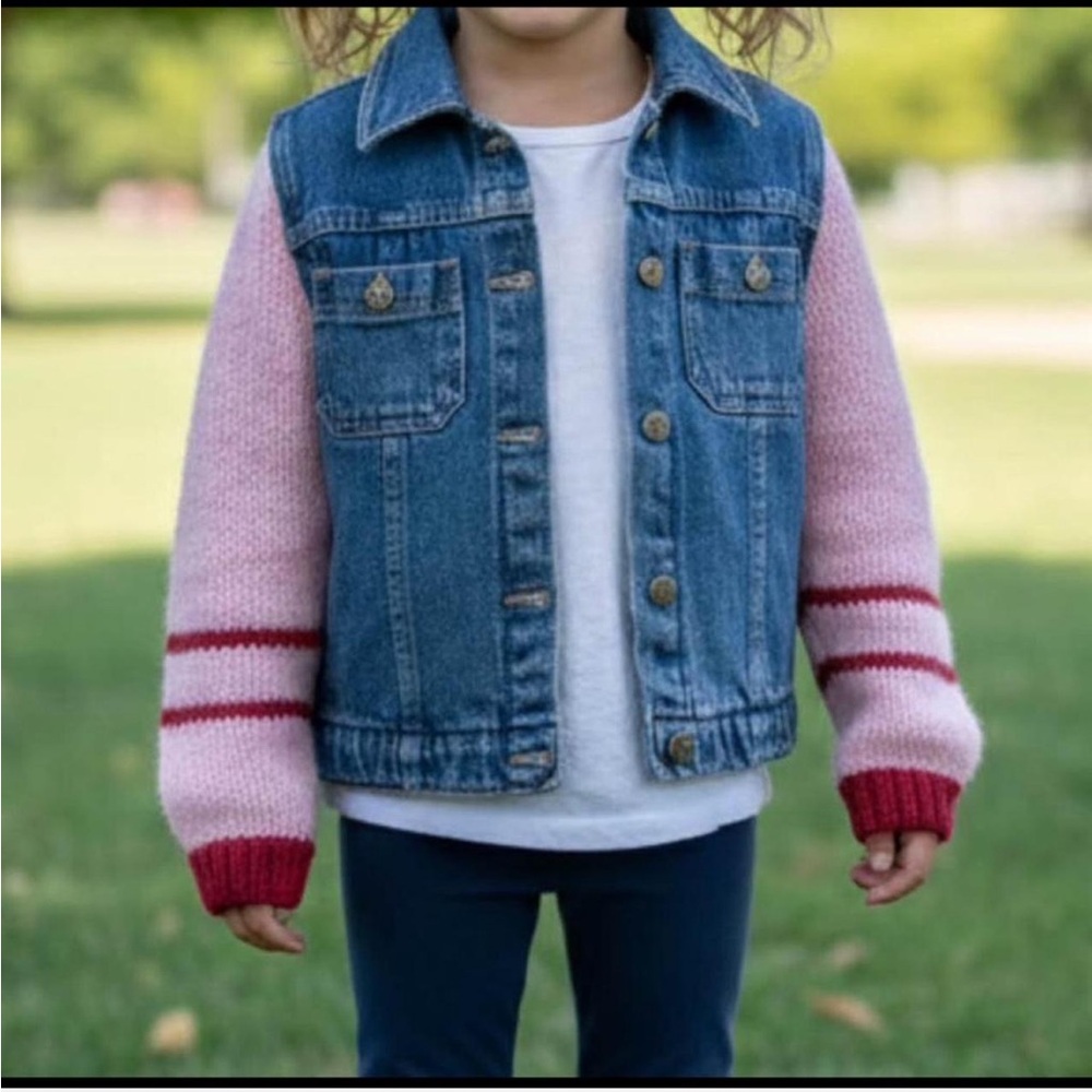 Hanna Andersson Denim Jacket with Pink and Red Knit Sleeves